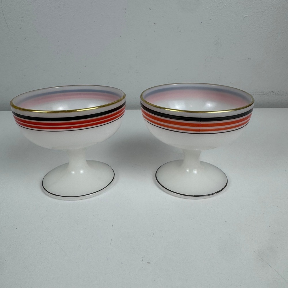 Vtg Platonite MCM Dessert Bowls Red Black Gold Striped Footed Sherbet Set of 2‎